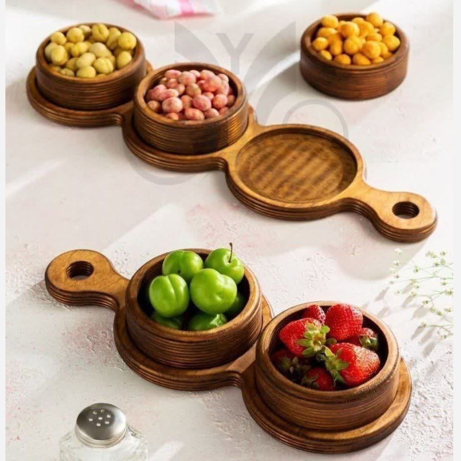 اردو خوری چوبی دو خانه ظرف چوبی دسته دار گرد