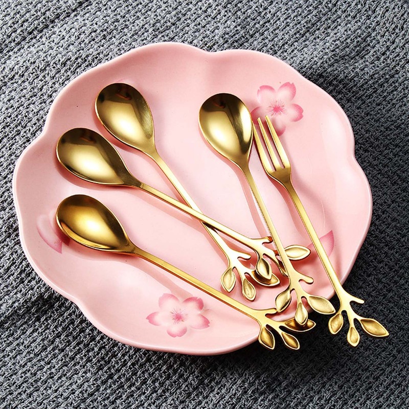 قاشق چای خوری طلایی دسته برگی بسته 6عددی محصول وارداتی