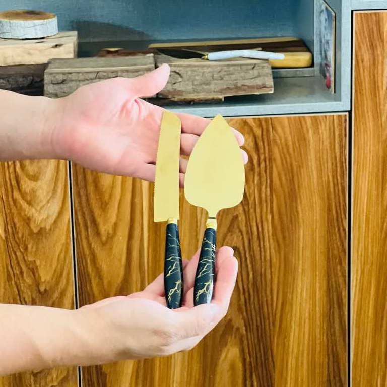 کارد و کفگیر کیک خوری ماربل تیغه طلایی