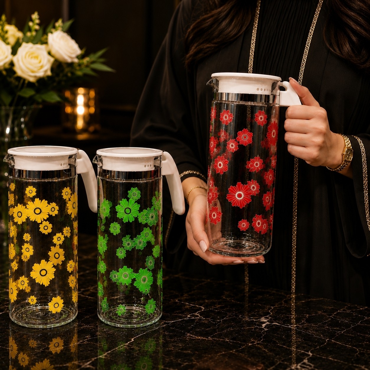 پارچ آب شیشه ای گل دار
